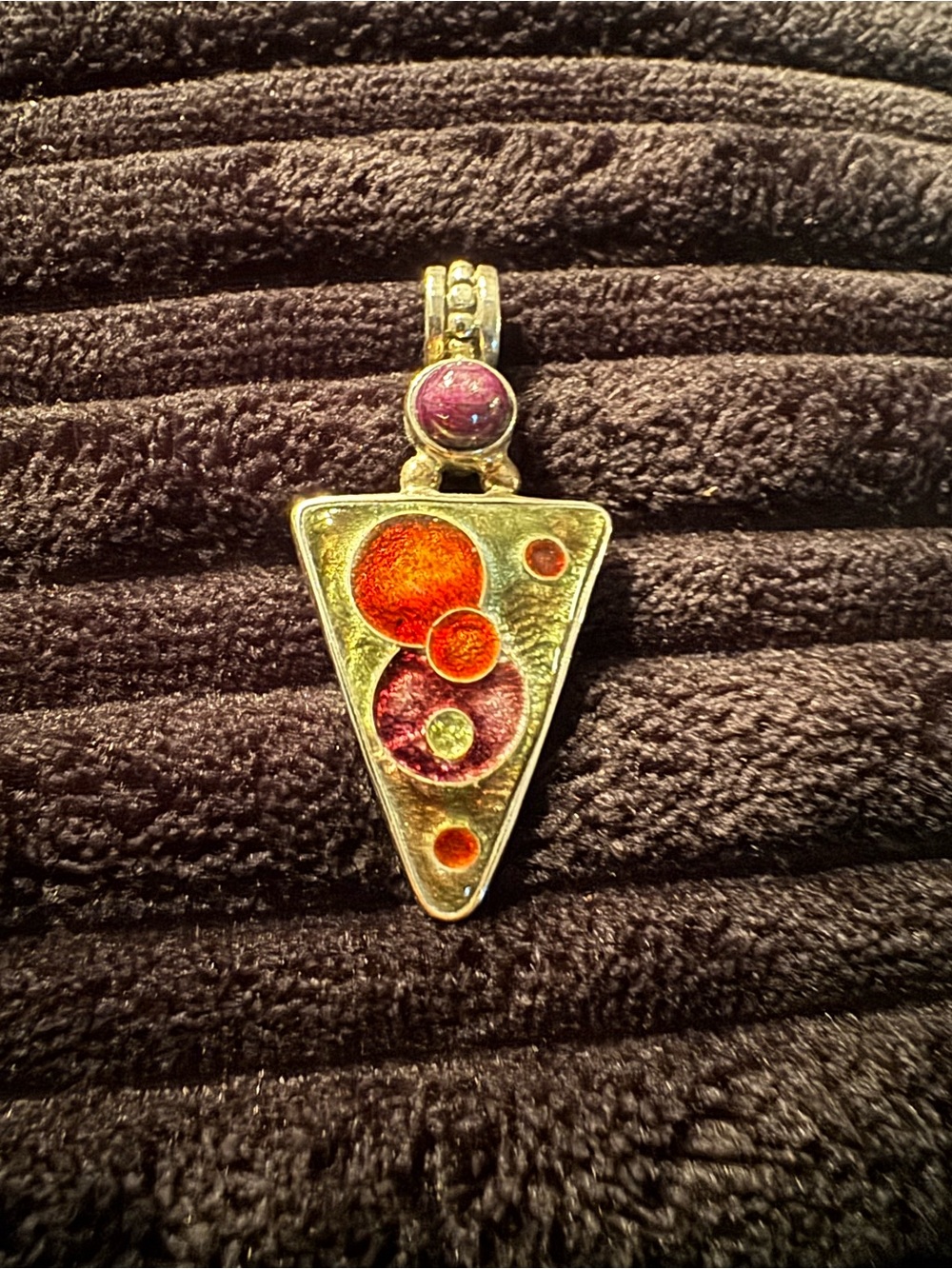 Triangle Pendant with Purple Star Gemstone Orange and Purple Enamel